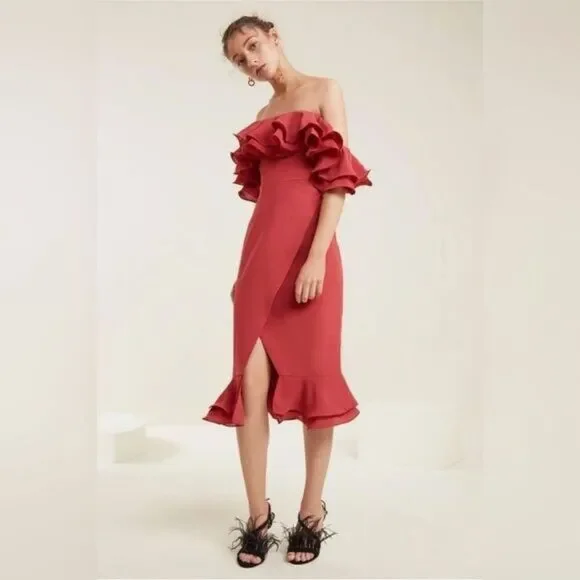 C/Meo‎ Collective Rose Immerse Off The Shoulder Layered Ruffle Midi Sheath Dress - Picture 2 of 13